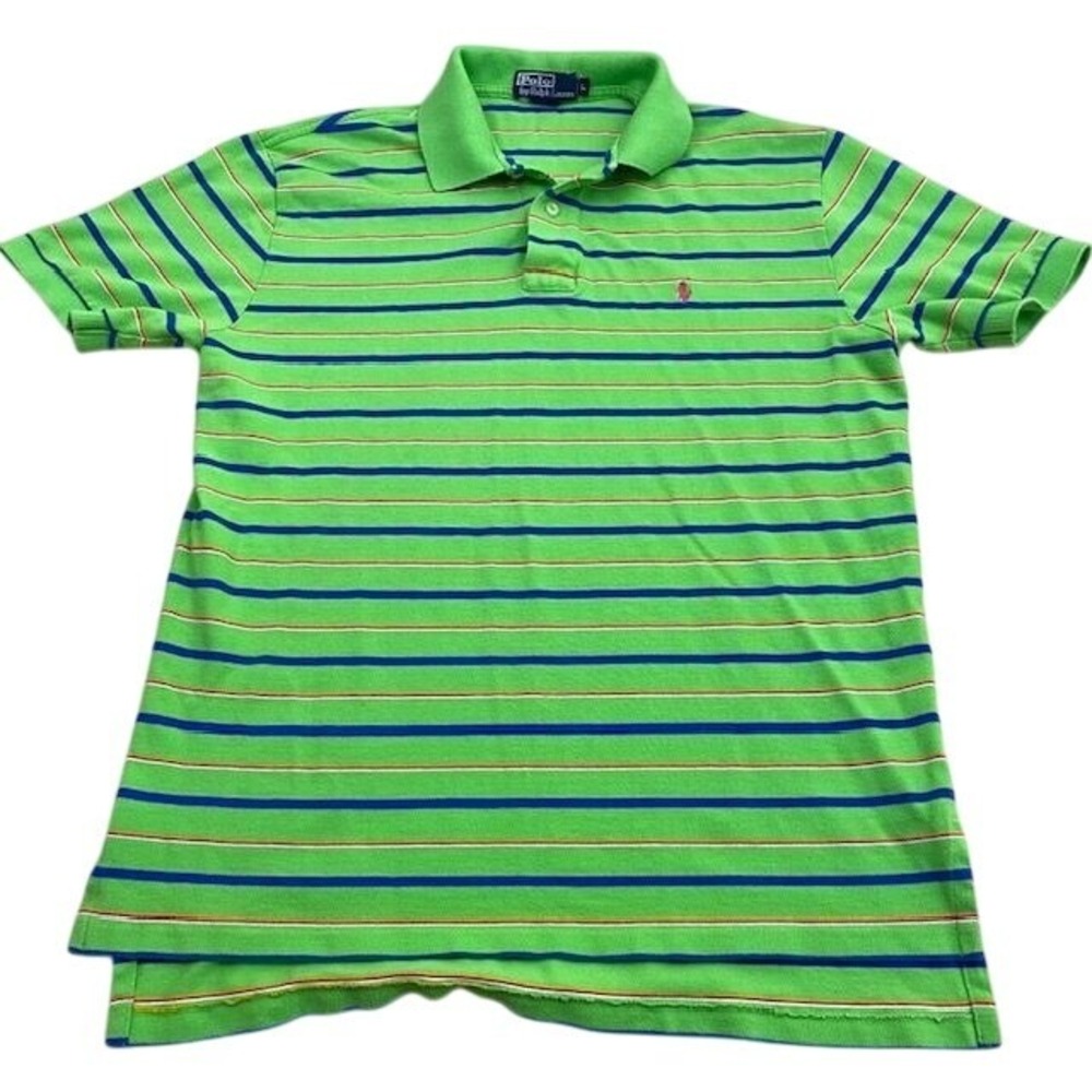 Polo Ralph Lauren Mens Shirt L Green Blue Striped Classic Fit Polo Business
